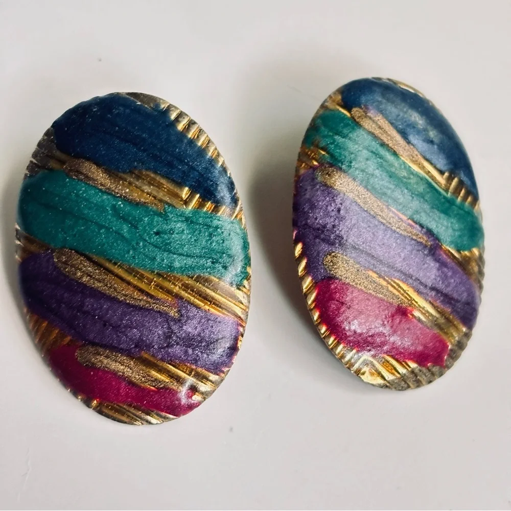 Vintage Rainbow Enamel Oval Stud Earrings Colorful Retro 80s 90s